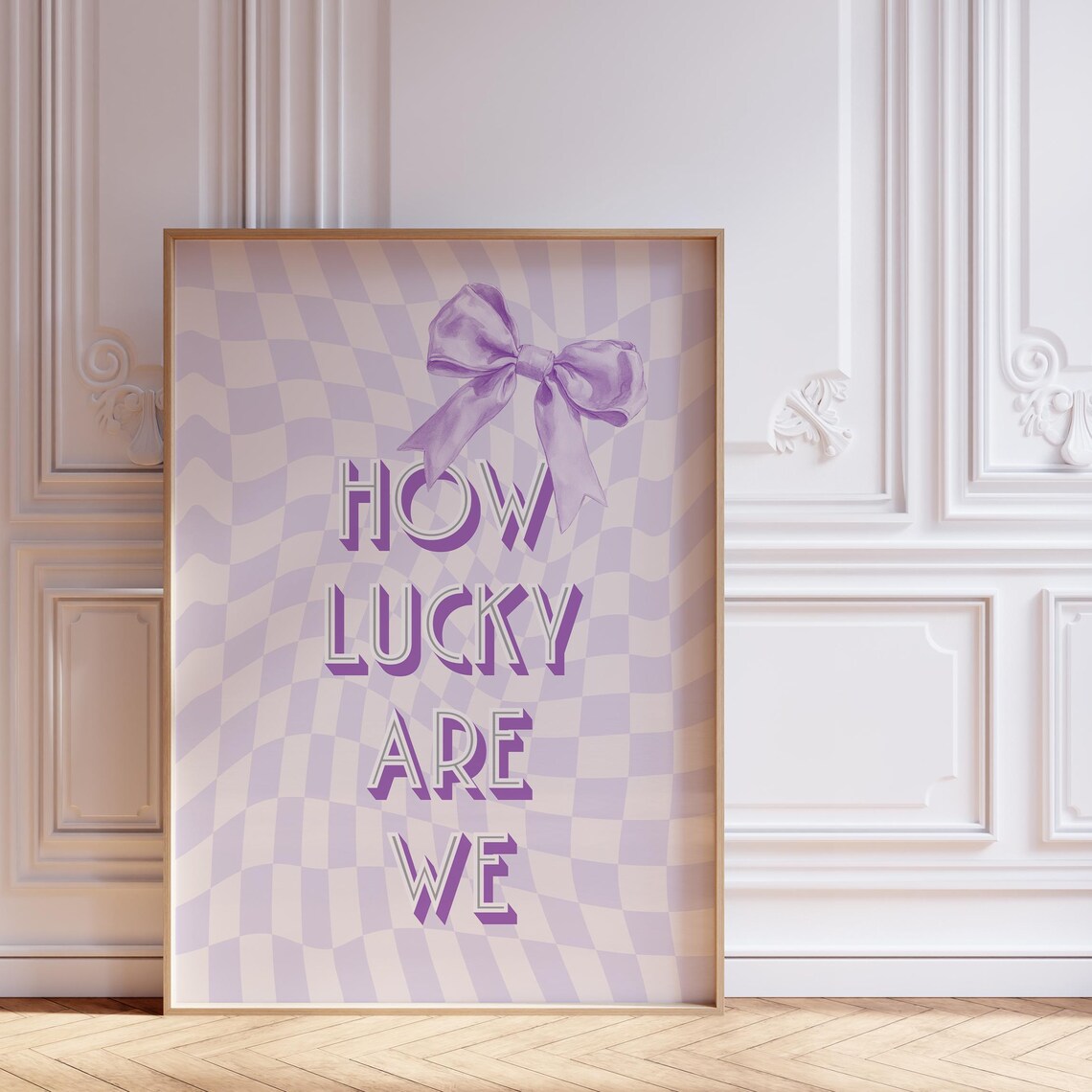 How Lucky Are We Lavender Coquette Bow Checkerboard Quote Poster