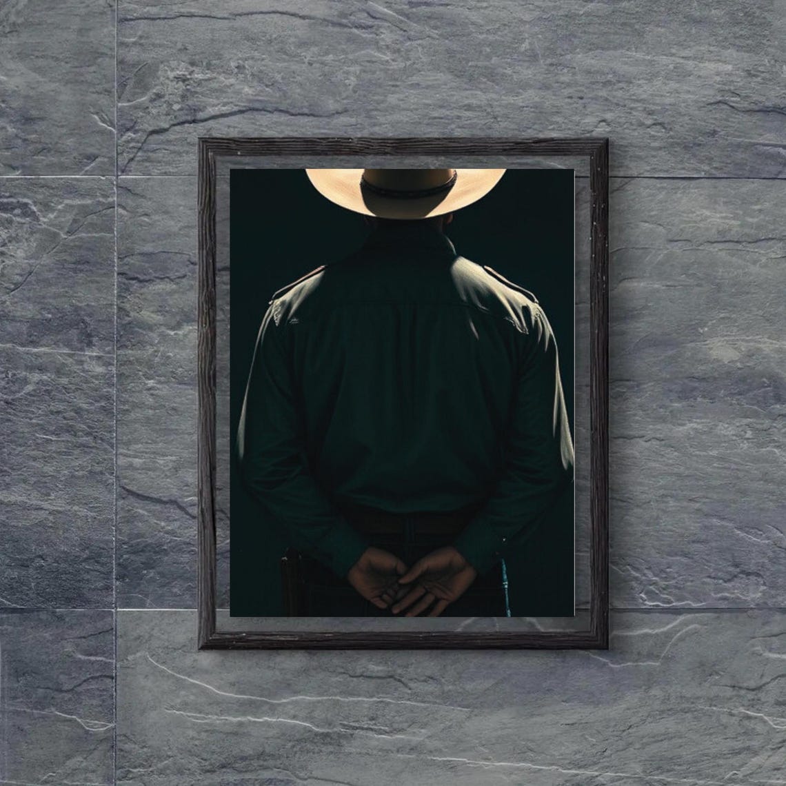 Cowboy From Behind Dark Green Shirt Clasped Hands Moody Ranch Print