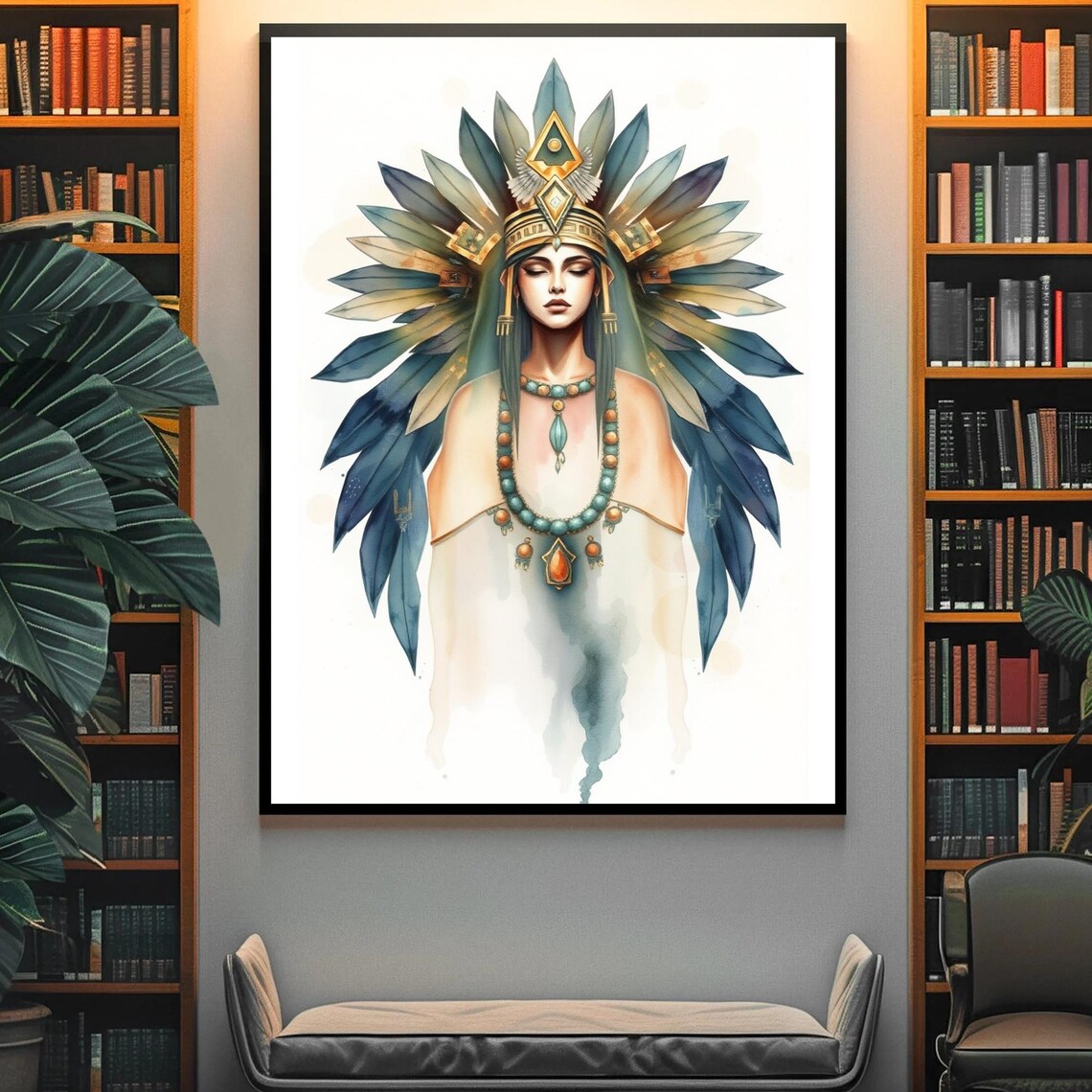 Aztec Queen Watercolor Feather Headdress Turquoise Jewelry Regal Poster - Image 4