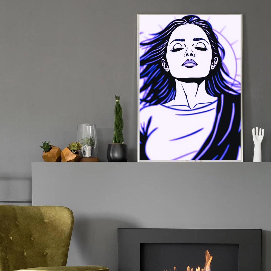 Spiritual Woman Closed Eyes Flowing Hair Blue Line Art Meditation Zen Poster - Image 2