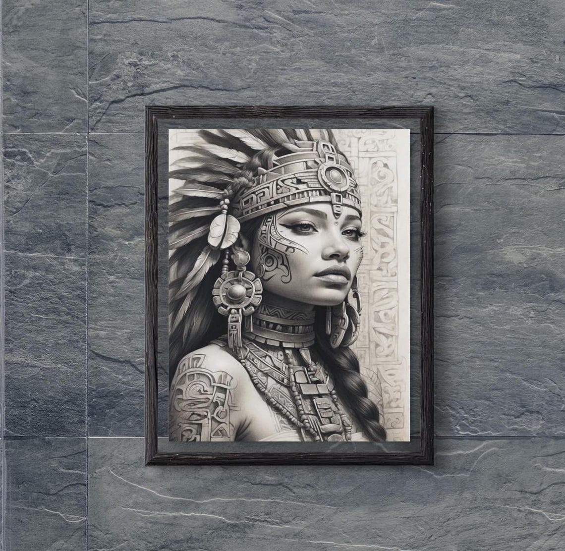 Aztec Warrior Woman With Feather Headdress Charcoal Sketch Poster