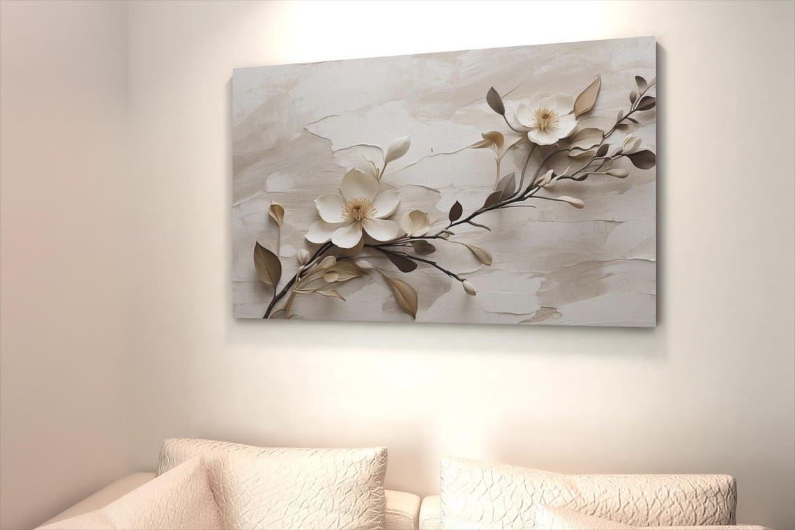 Cream Cherry Blossom Branch 3D Plaster Neutral Botanical Poster - Image 3