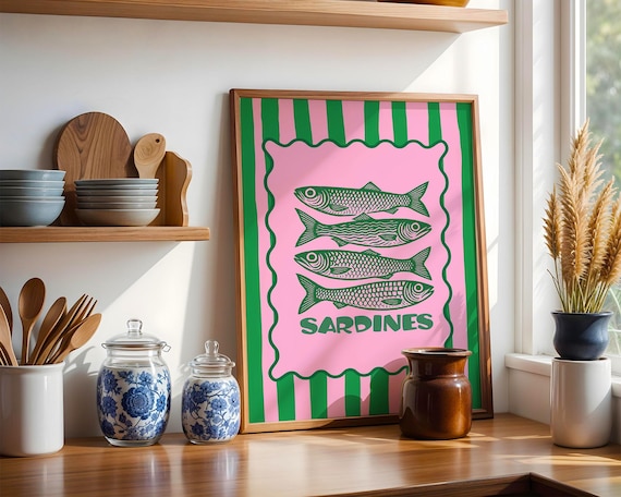 Sardine Wall Art Sardines Tin Fish Poster Colorful Kitchen Print Maximalist Home Decor Vintage Style Retro