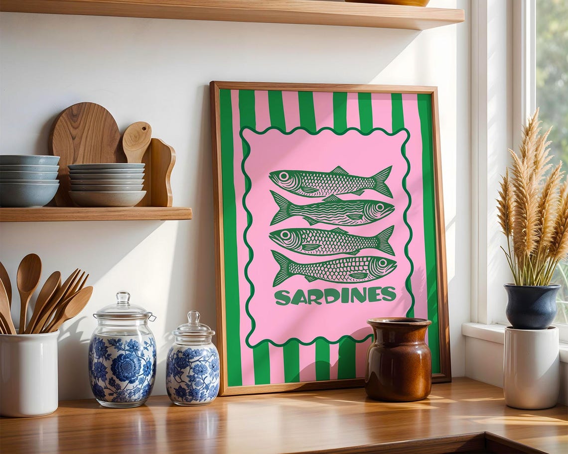 Sardines Retro Kitchen Fish Illustration Maximalist Wall Poster