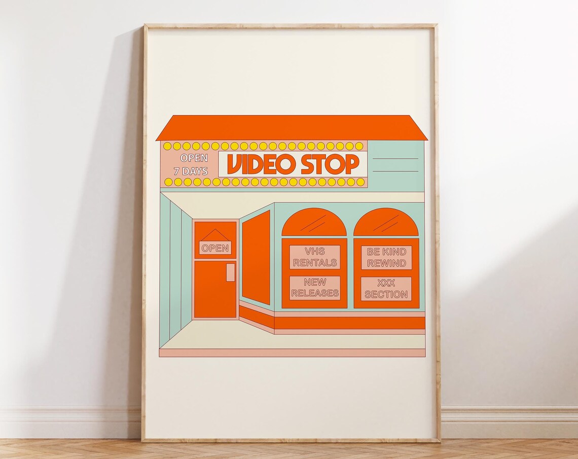 Video Stop Retro VHS Storefront Nostalgic Movie Rental Art Poster