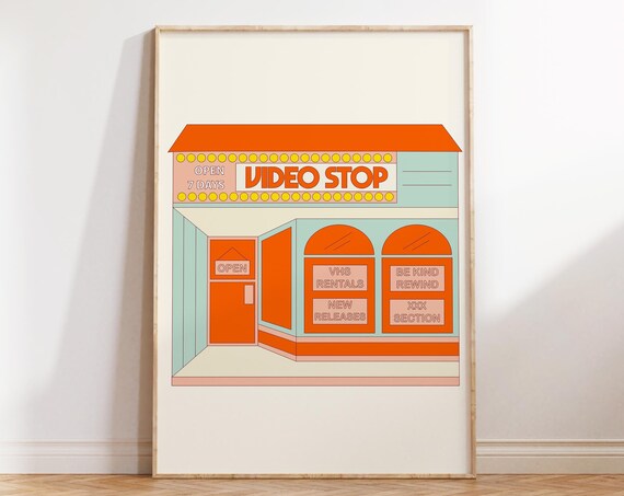 Video Stop Retro VHS Storefront Nostalgic Movie Rental Art Poster
