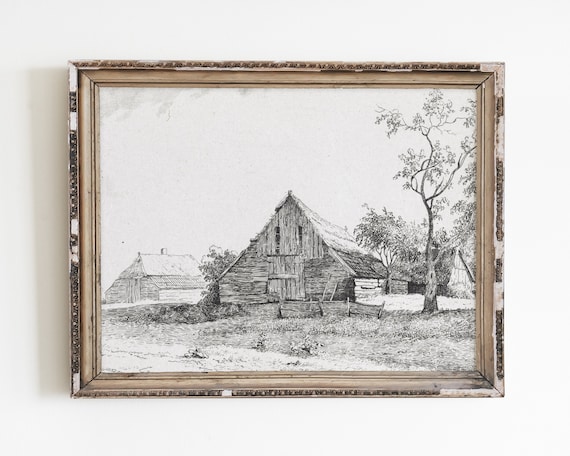 Vintage Farmhouse Farm Drawing Line Art Print