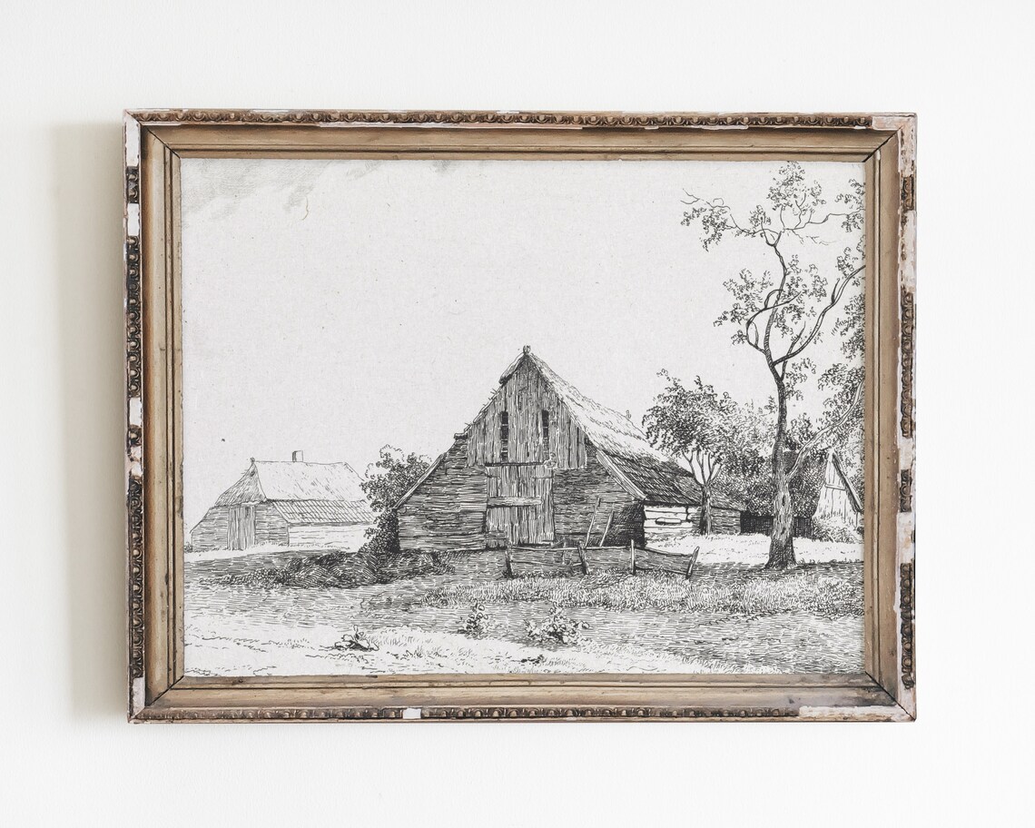 Vintage Farmhouse Farm Drawing Line Art Print