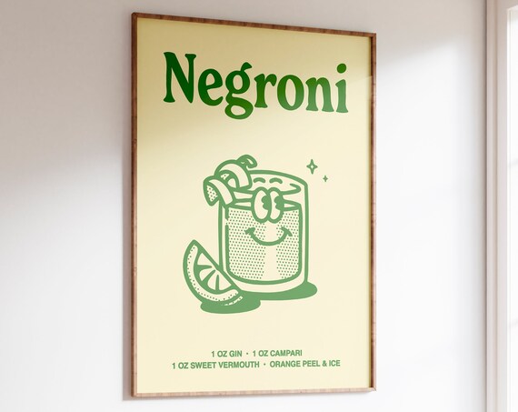 Negroni Cocktail Recipe Green Line Art Kitchen Bar Cart Poster