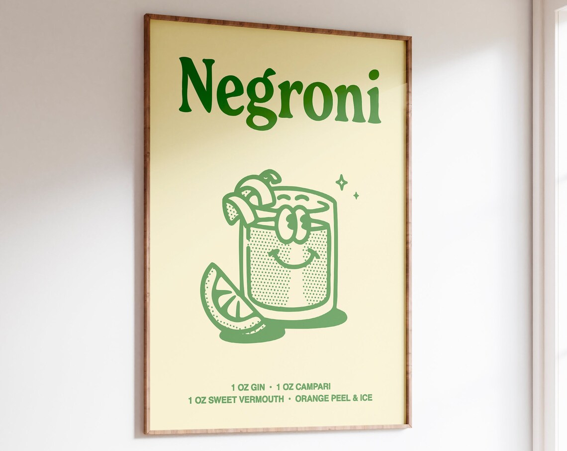 Negroni Cocktail Recipe Green Line Art Kitchen Bar Cart Poster