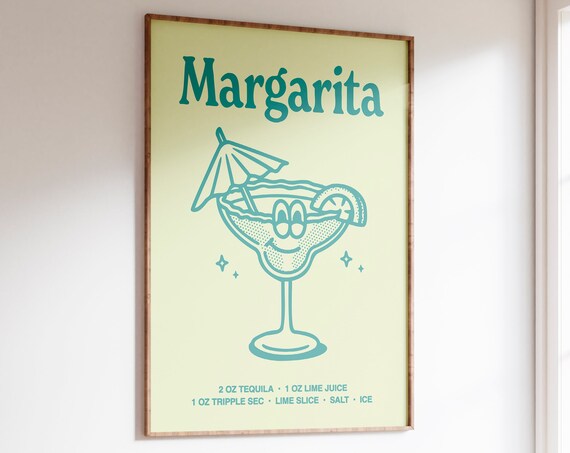 Retro Margarita Glass Smiling Teal Cocktail Recipe Bar Poster
