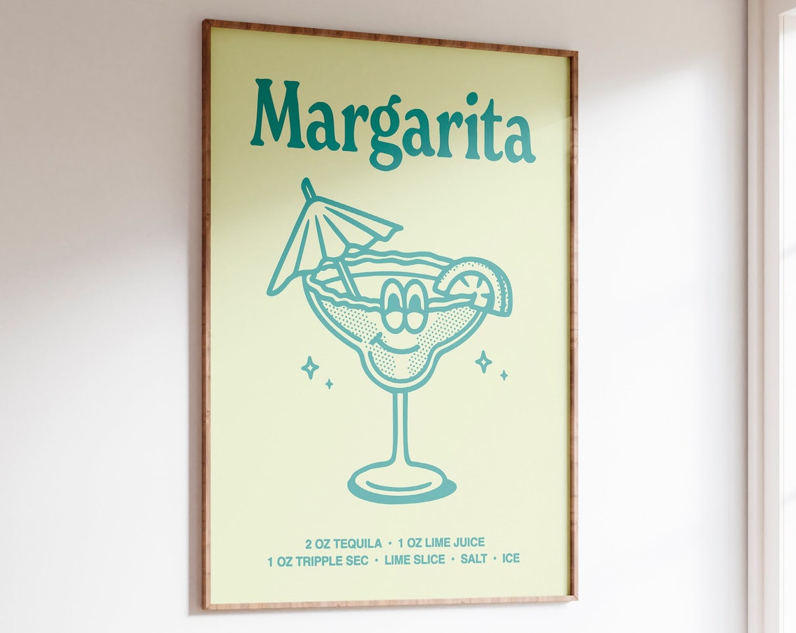 Retro Margarita Glass Smiling Teal Cocktail Recipe Bar Poster