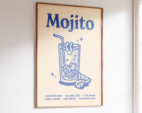 Mojito Cocktail Recipe Blue Line Art Kitchen Bar Cart Poster