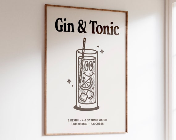 Gin Tonic Retro Cocktail Art Print, Bar Cart Decor