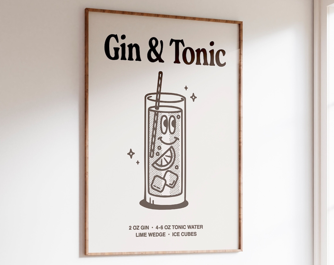 Gin Tonic Retro Cocktail Art Print, Bar Cart Decor