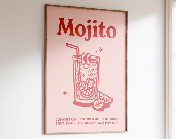 Mojito Cocktail Recipe Pink Line Art Kitchen Bar Cart Poster