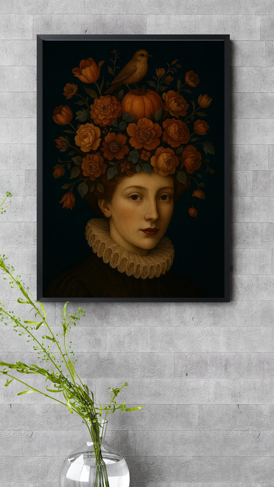Autumn Floral Portrait, Vintage Woman With Pumpkin Crown - Image 5