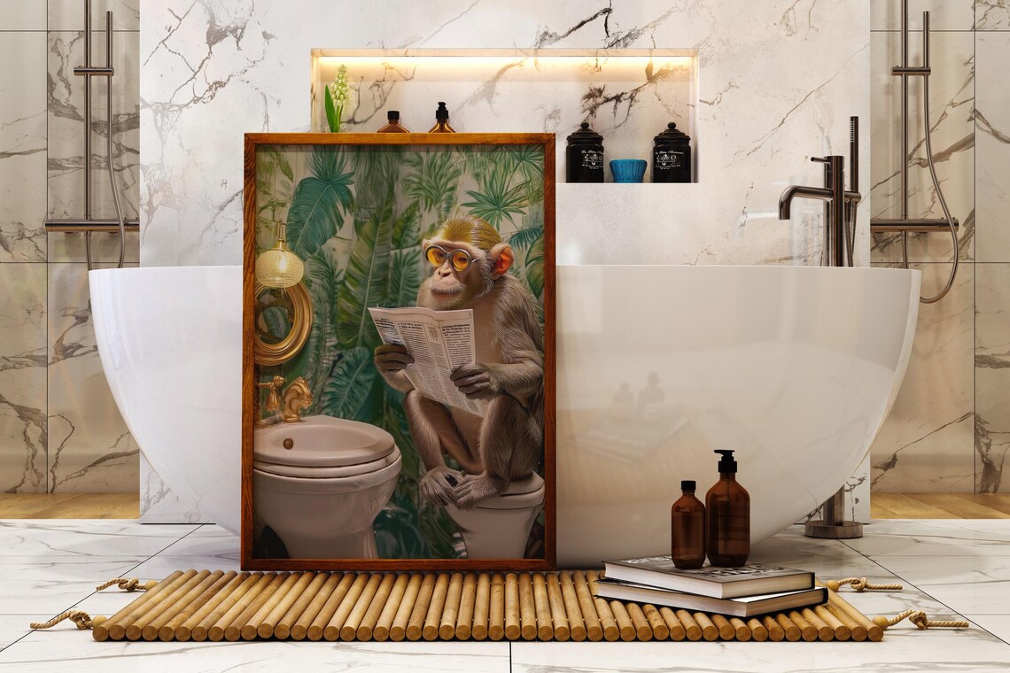 Monkey Reading Newspaper On Toilet, Funny Bathroom Decor