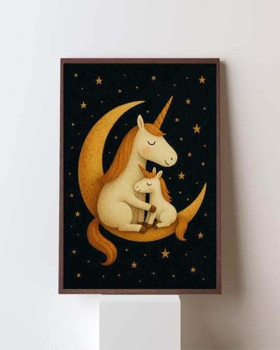 Unicorn Hug On The Moon, Nursery Decor Poster