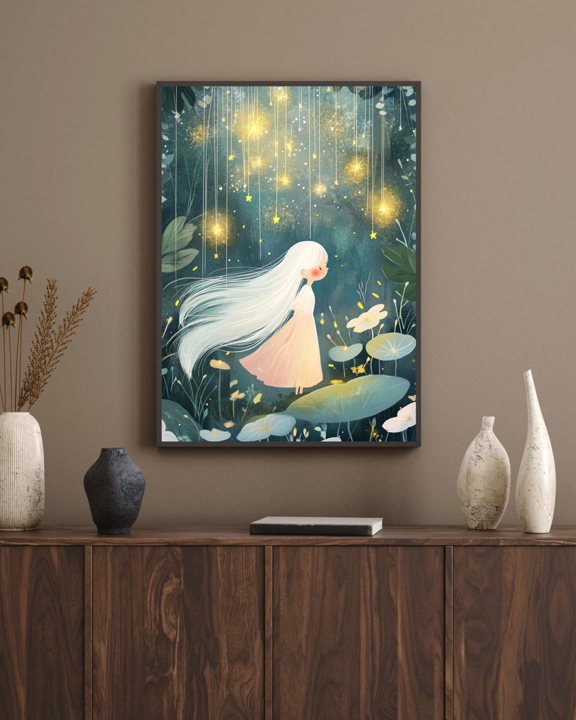 Dreamy Starry Night Forest, Whimsical Girl Illustration - Image 4