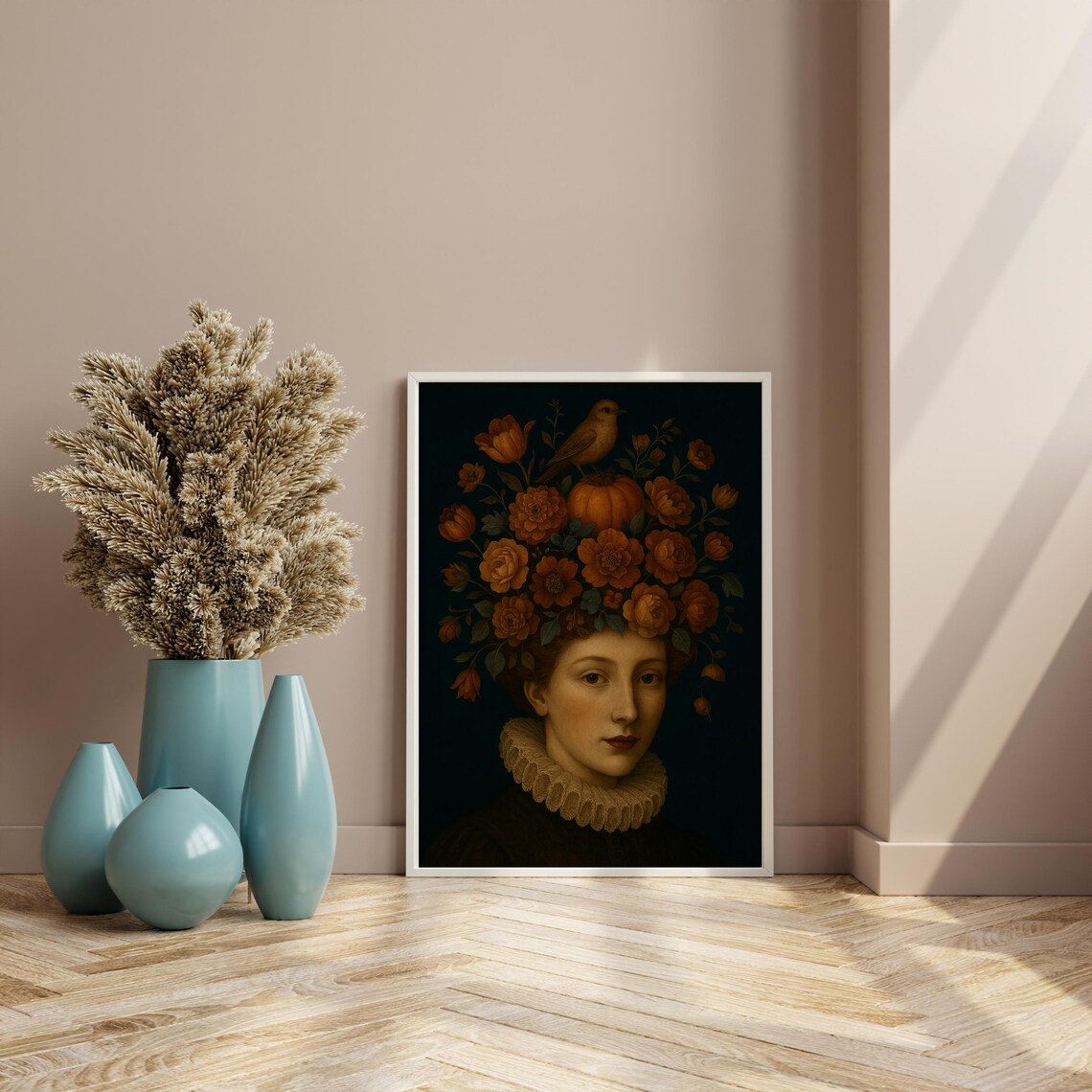 Autumn Floral Portrait, Vintage Woman With Pumpkin Crown - Image 2