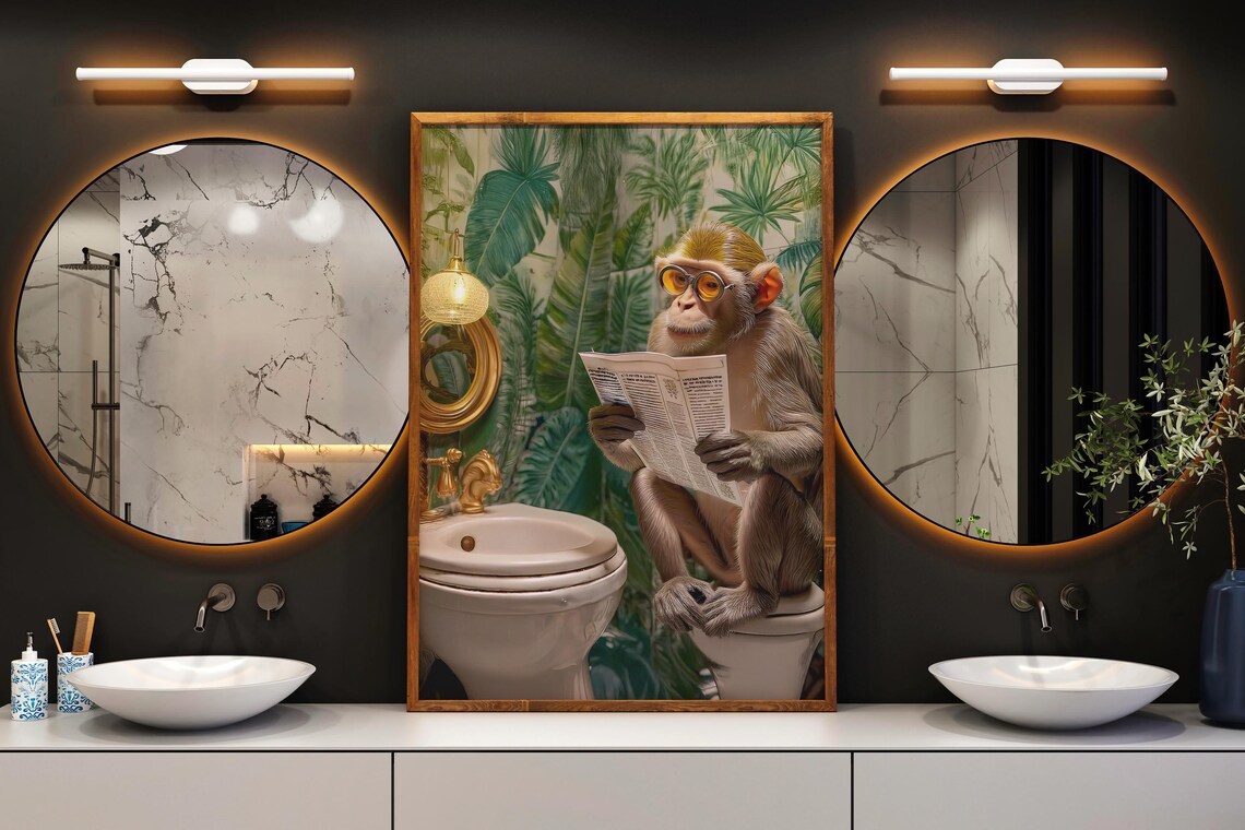 Monkey Reading Newspaper On Toilet, Funny Bathroom Decor - Image 5