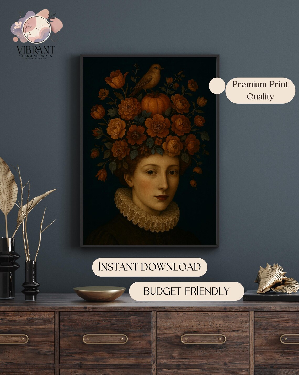 Autumn Floral Portrait, Vintage Woman With Pumpkin Crown - Image 3