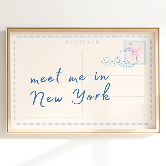 Meet Me in New York Postcard Style Blue Typography Quote Print