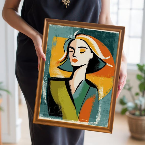Flowing Hair Abstract Woman Portrait Wood Framed Wall Art Print