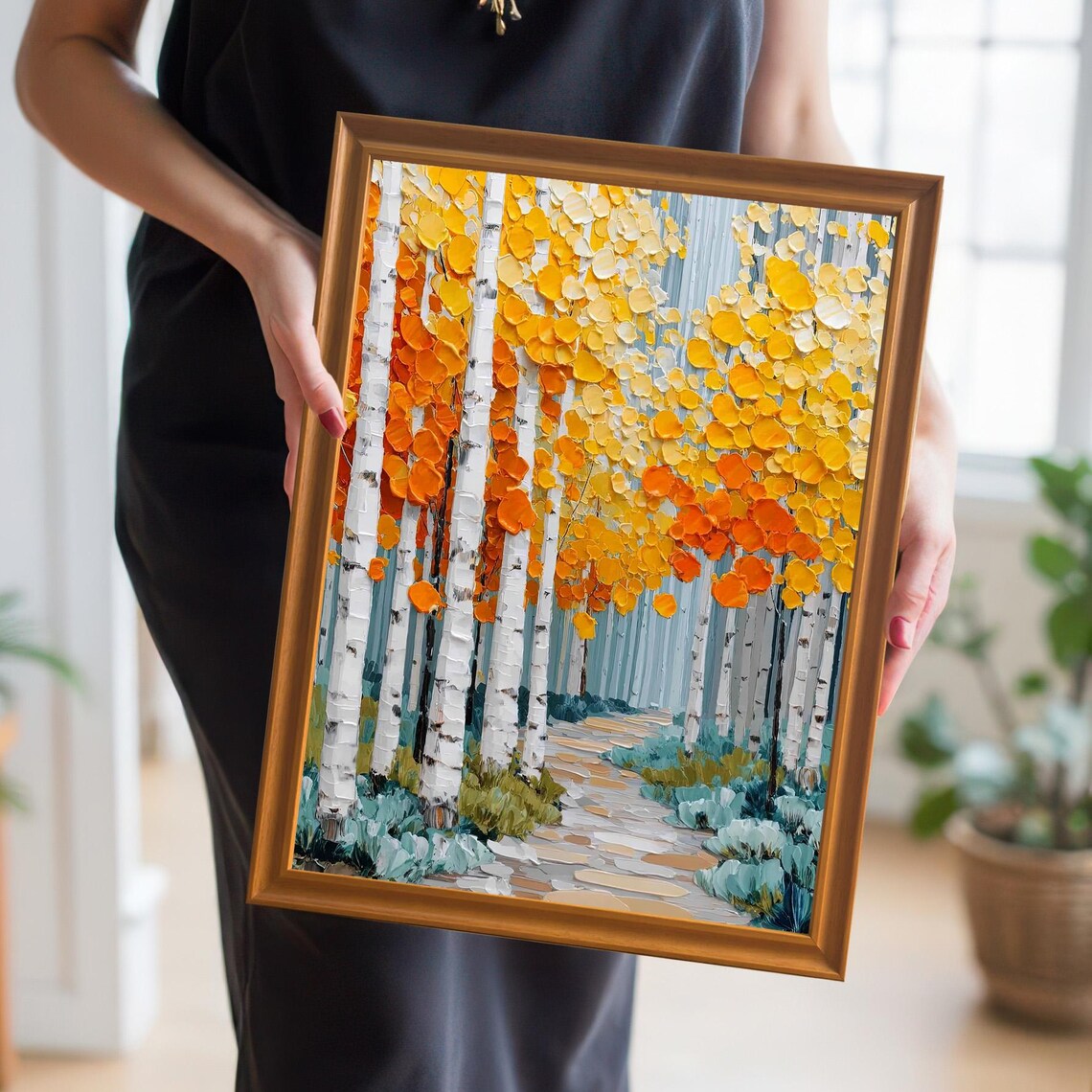 Autumn Aspen Forest Oil Painting Art Print Wood Frame Wall Hanging Decor