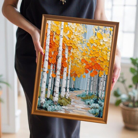 Autumn Aspen Forest Oil Painting Art Print Wood Frame Wall Hanging Decor