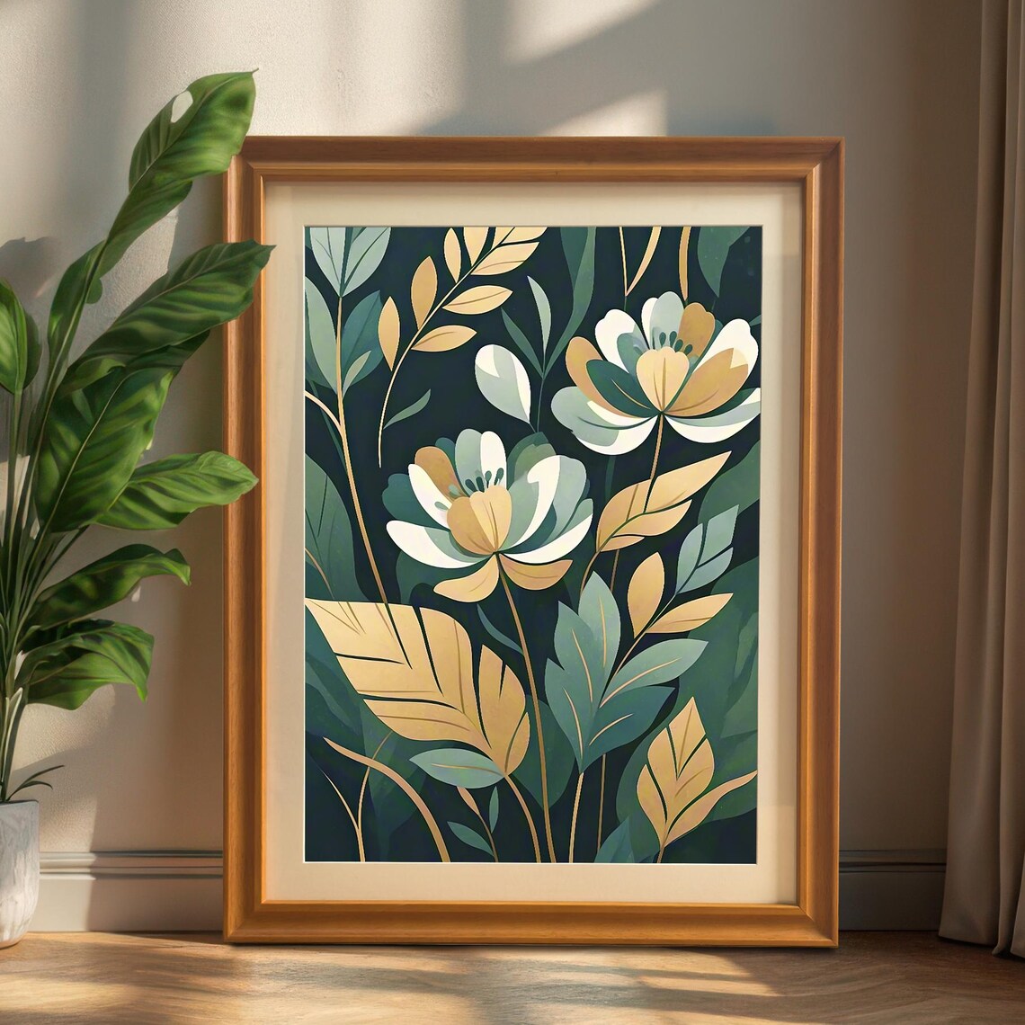 Cream Abstract Botanical Flowers On Deep Green Decorative Poster