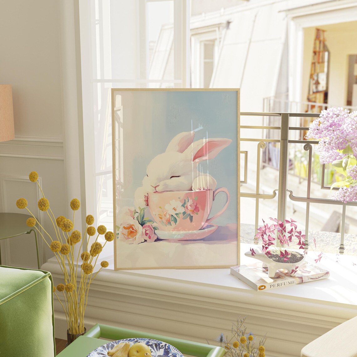 White Bunny Napping in Floral Teacup Cute Easter Spring Poster - Image 3