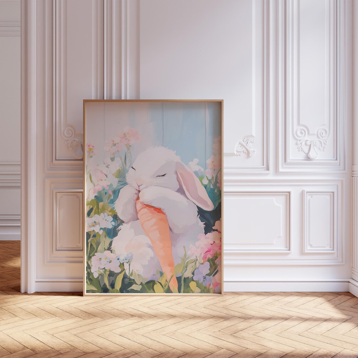 White Easter Bunny Nibbling Carrot Spring Flower Garden Poster - Image 2