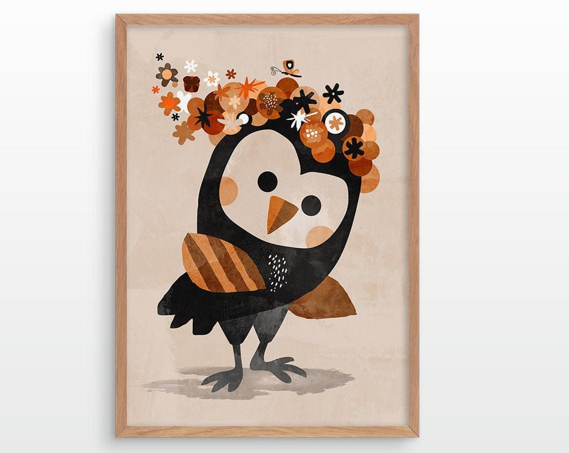 Cute Owl Wearing Floral Crown Brown Nursery Kids Room Decor Poster