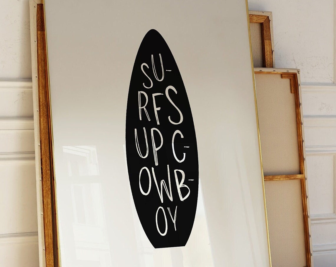 Surfs Up Cowboy Western Surf Typography Black Surfboard Quote Print