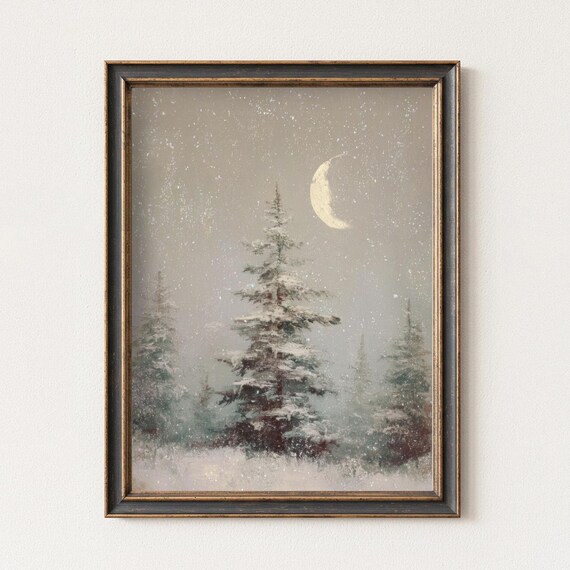 Vintage Winter Landscape Art Print, Moody Christmas