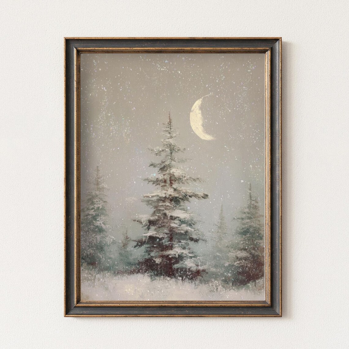 Vintage Winter Landscape Art Print, Moody Christmas