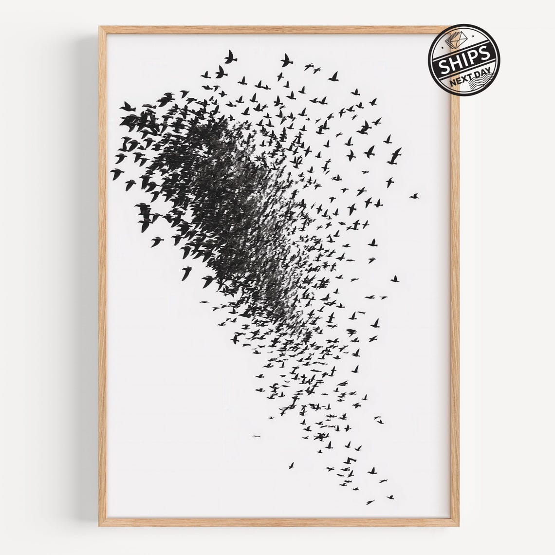 Murmuration Flock Black and White Birds in Flight Nature Wall Art