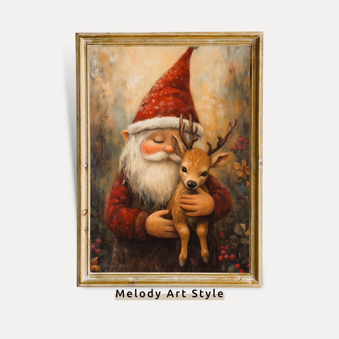 Christmas Gnome Hugging Baby Reindeer Cute Holiday Art Poster