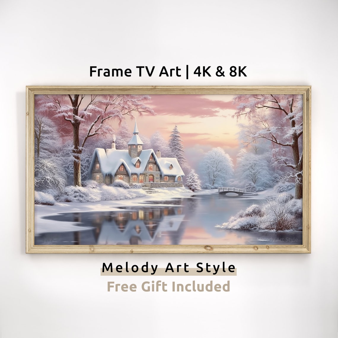 Pink Sunrise Snowy Cottage By The Lake Winter Wonderland Poster