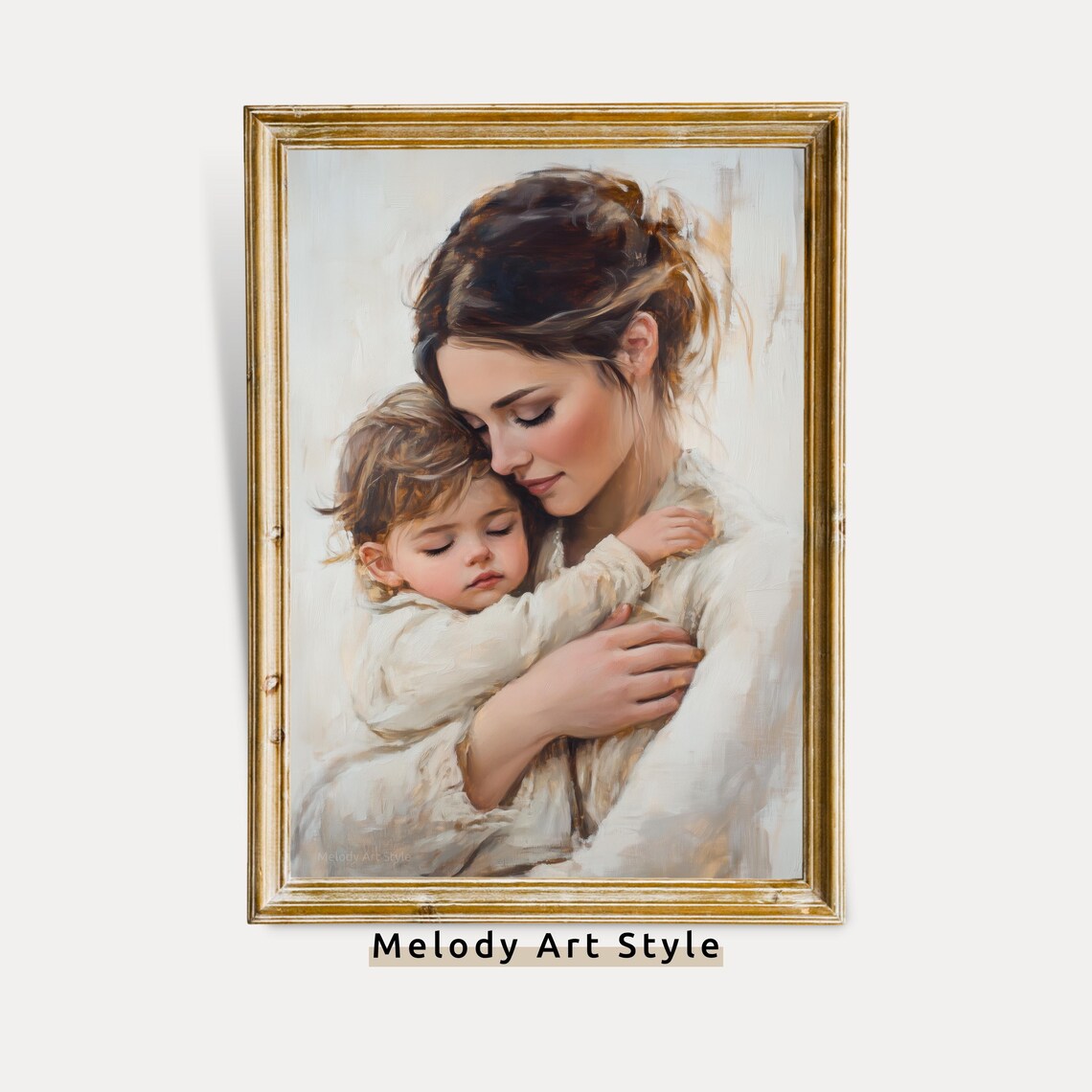 Tender Mother Embracing Child Warm Neutral Motherhood Painting Poster