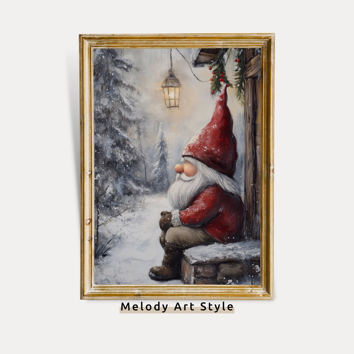 Cozy Winter Gnome Resting By Snowy Cabin Rustic Christmas Poster