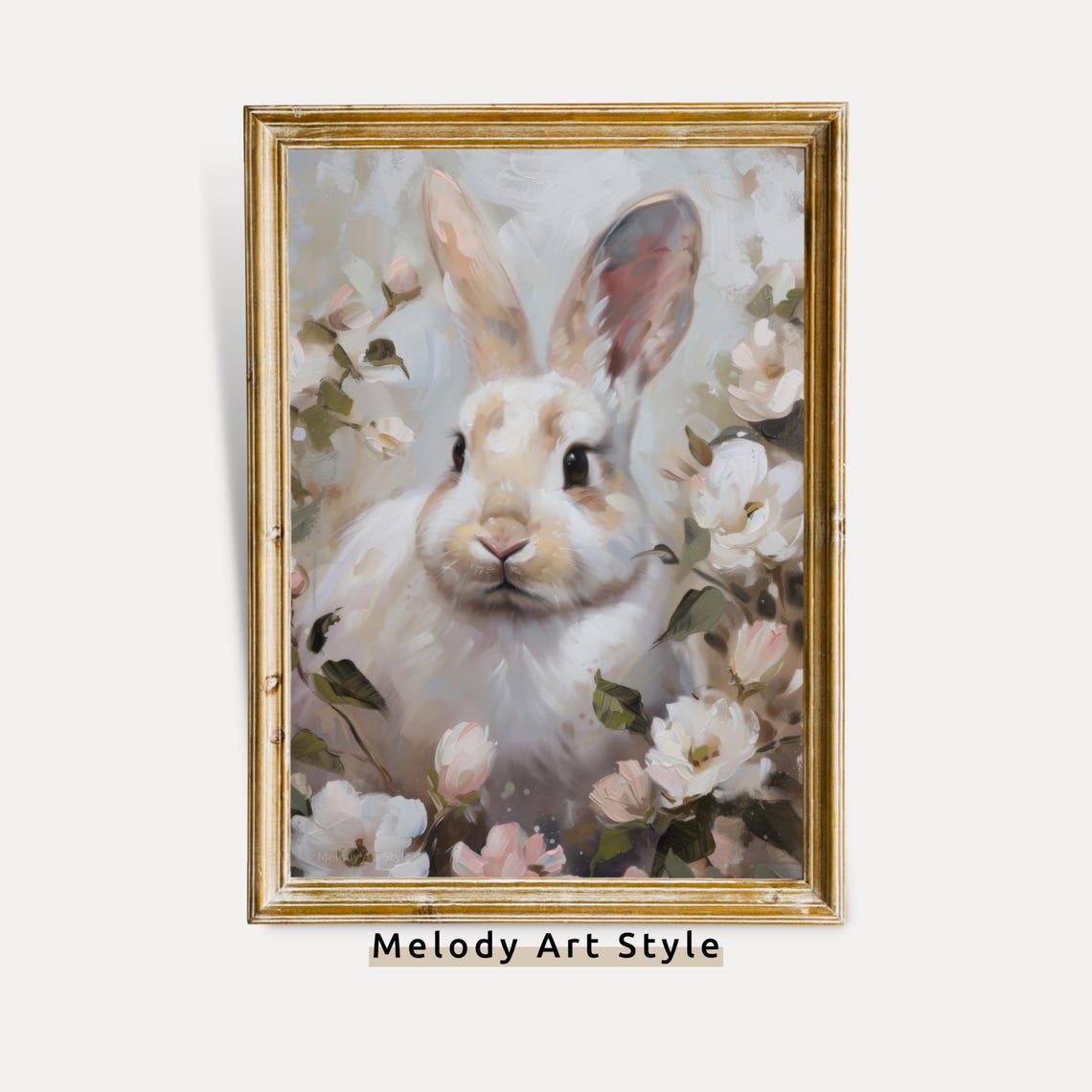 White Bunny Portrait Pastel Spring Blossoms Easter Art Poster