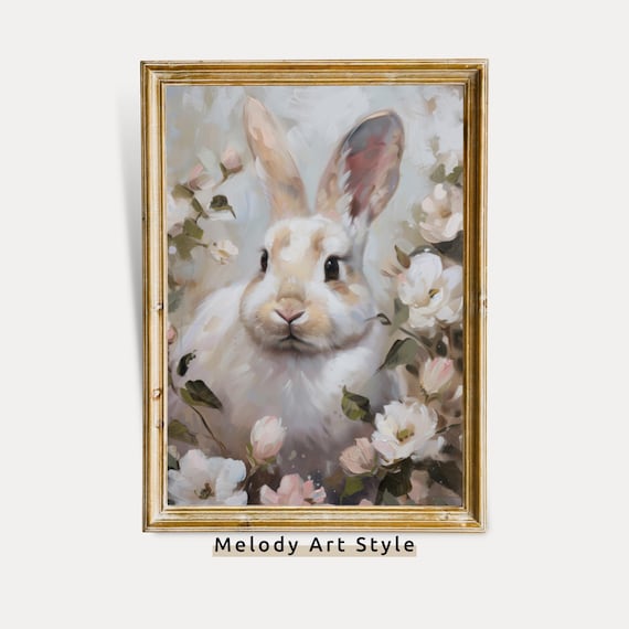 White Bunny Portrait Pastel Spring Blossoms Easter Art Poster
