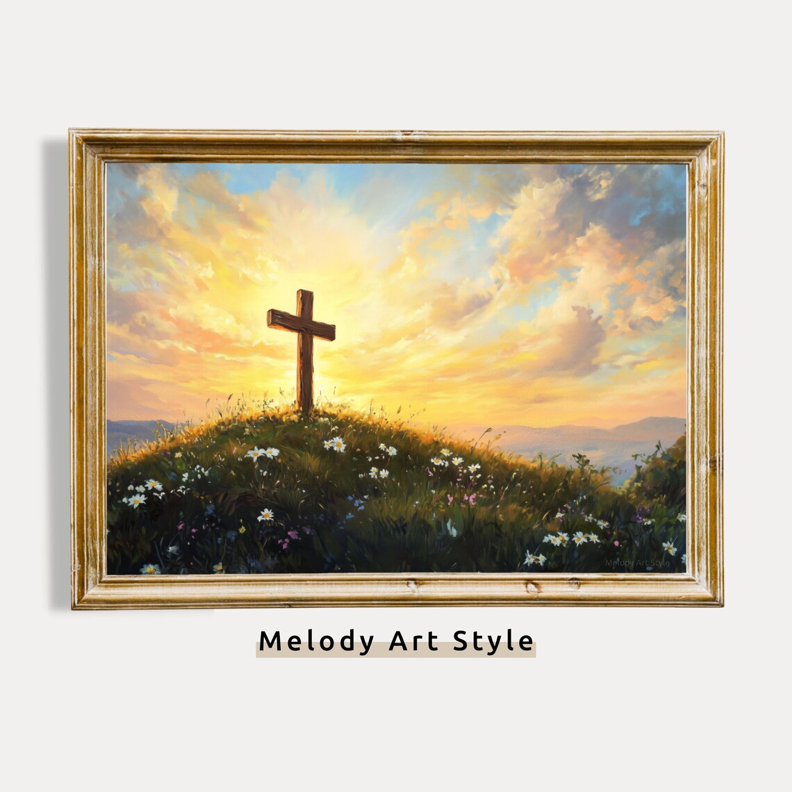 Wooden Cross On Hill Golden Sunset Wildflower Meadow Faith Poster