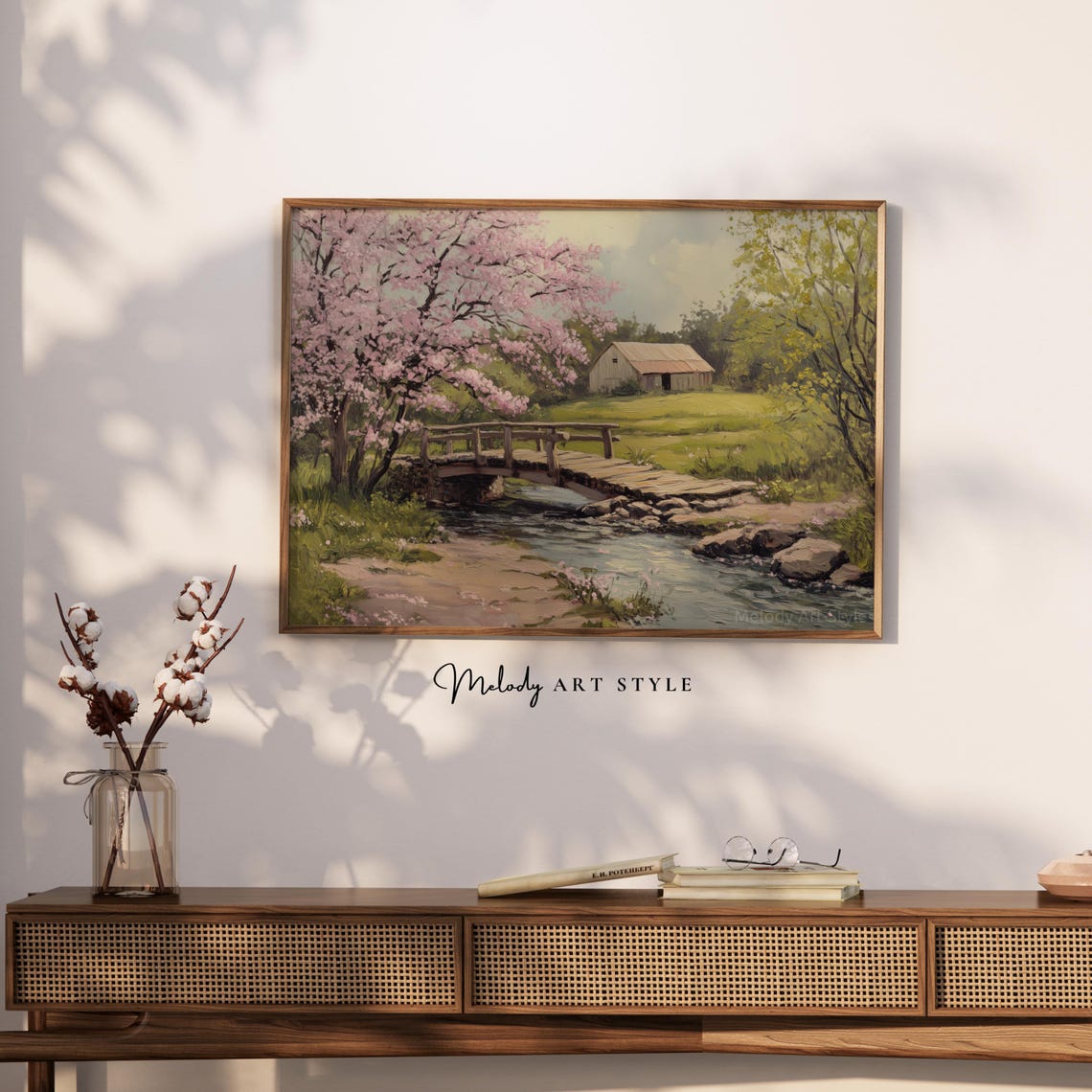 Rustic Countryside Wall Art Spring Cherry Blossom Landscape Print Farmhouse Bridge Painting Peaceful Country Barn Decor P405 - Image 2