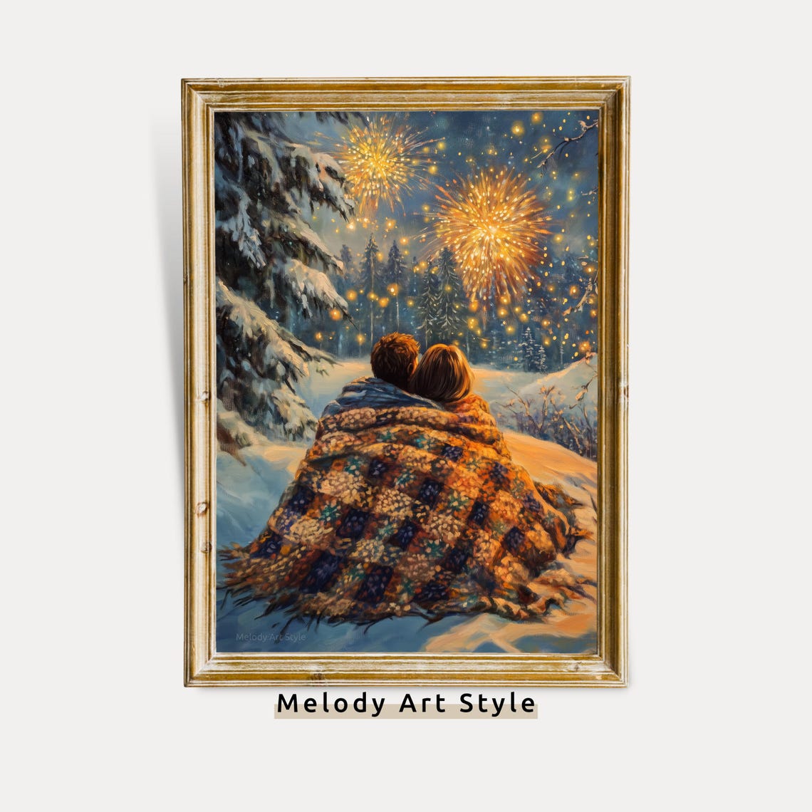 Couple Under Blanket Watching Fireworks Snowy Forest Night Poster
