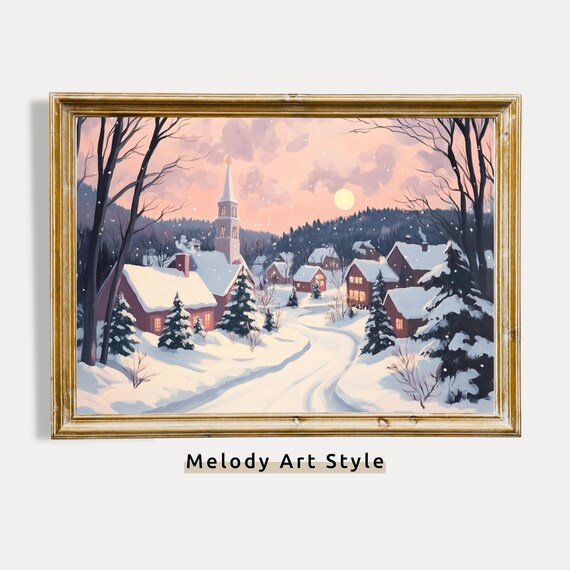Rustic Snowy Village Church Pink Sunset Winter Christmas Art Poster