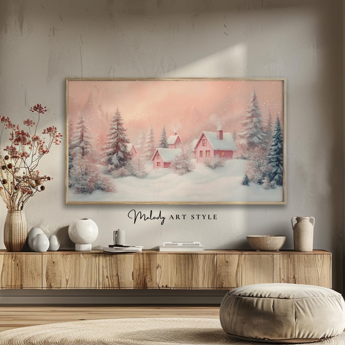 Pastel Pink Winter Wonderland Village Frame Tv Art 4k 8k Winter Oil Painting Dreamy Christmas Landscape Wallpaper For Screensaver F128 - Image 2